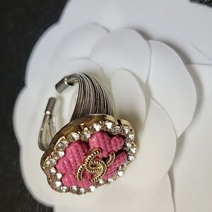 Pink/crystal CC Button, Custom Made Adjustable Silver Ring